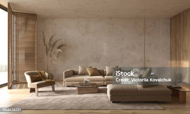 Modern Interior Japandi Style Design Livingroom Lighting And Sunny Scandinavian Apartment With Plaster And Wood 3d Render Illustration Stock Photo - Download Image Now