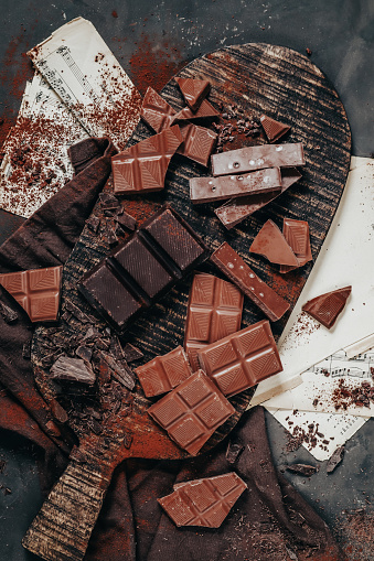 Dark chocolate pieces on white background
