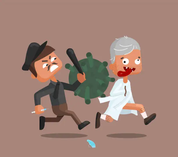 Vector illustration of mental patient running away from policeman. Covid 19