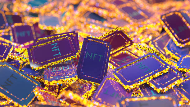 istock Modern technology illustration with heap of abstract stylized NFT tokens 1366432317