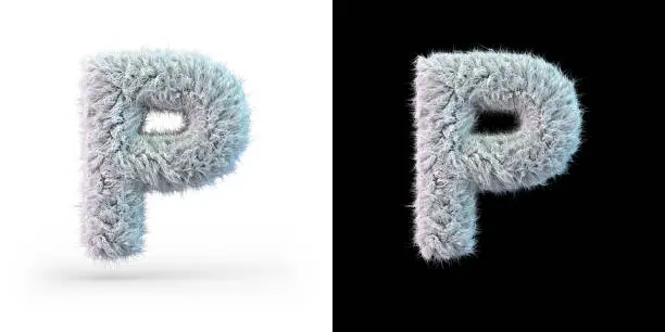Capital letter P. Uppercase. White fluffy font on black and white background. 3D rendering