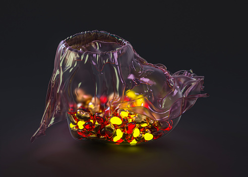 A vase in the shape of a heart under a cloth filled with sweets on a dark background. 3D rendering