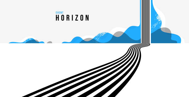 illustrations, cliparts, dessins animés et icônes de lignes 3d noir et blanc en perspective avec éléments bleus fond vectoriel abstrait, illustration en perspective linéaire op art, route vers horizon. - horizon