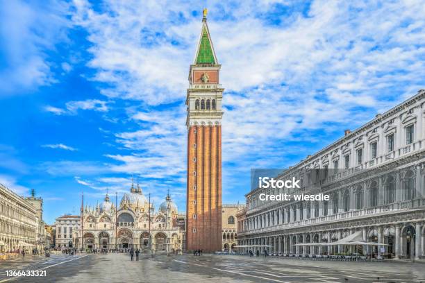 St Marks Square With St Marks Basilica And St Marks Tower In Venice In Italy Stock Photo - Download Image Now