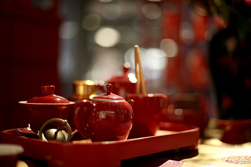Red tea set for Chinese New Year decoration.