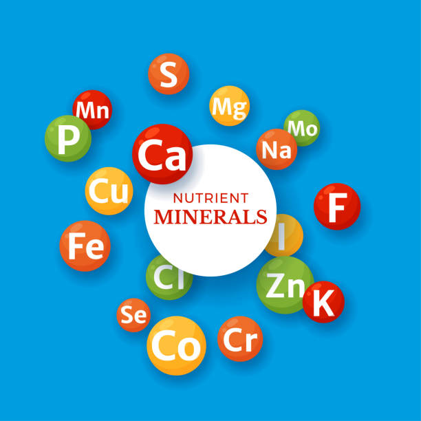 Vitamins and minerals for healthy nutrition. Multivitamin and nutrients vector symbol icons shaped as round balls flying Vitamins and minerals for healthy nutrition. Multivitamin and nutrients vector symbol icons shaped as round balls flying on the blue background. Vitamin complex pharmacy poster. micronutrients stock illustrations