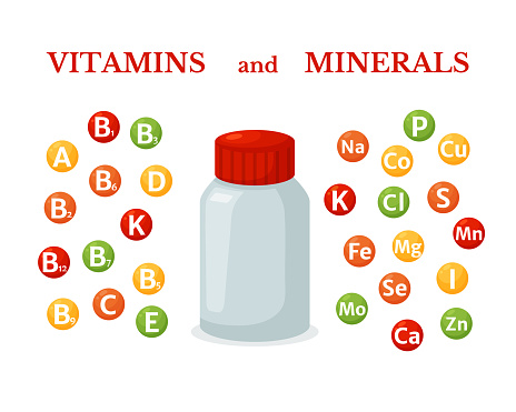 Vitamins and minerals set. Multivitamin and nutrition vector icon realistic bubble with chemistry symbols, isolated illustration. Pharmacy container bottle for pills and capsule.