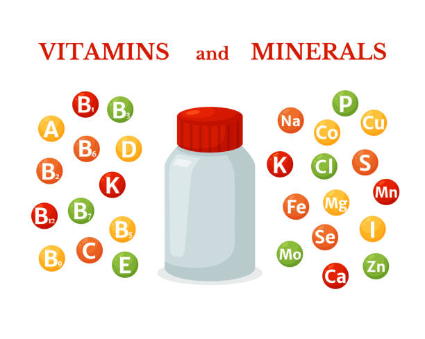 Vitamins and minerals set. Pharmacy container bottle for pills and capsule, multivitamin nutrition vector bubble icons. Vitamins and minerals set. Multivitamin and nutrition vector icon realistic bubble with chemistry symbols, isolated illustration. Pharmacy container bottle for pills and capsule. micronutrients stock illustrations