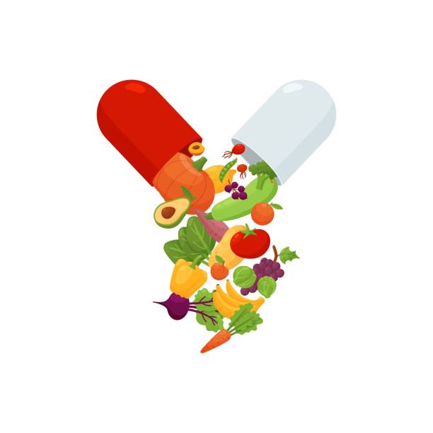 Vitamin nutritious complex in open capsule in flat vector illustration Vitamin nutritious complex in open capsule. Fruits, vegetables contain minerals, multivitamins, antioxidants. Disease prevention in daily dosage of pills in flat vector illustration isolated on white nutritional supplement illustrations stock illustrations