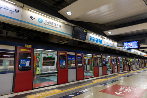 Hong Kong - January 23, 2022 : MTR East Rail line Metro Cammell EMU Train at Hung Hom Station in Kowloon, Hong Kong.