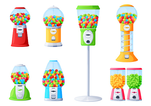 Machines with multicolored chewing gum collection vector illustration. Set retro gumballs container with full of candies dispensers isolated. Vintage vending device with colored bubble gums