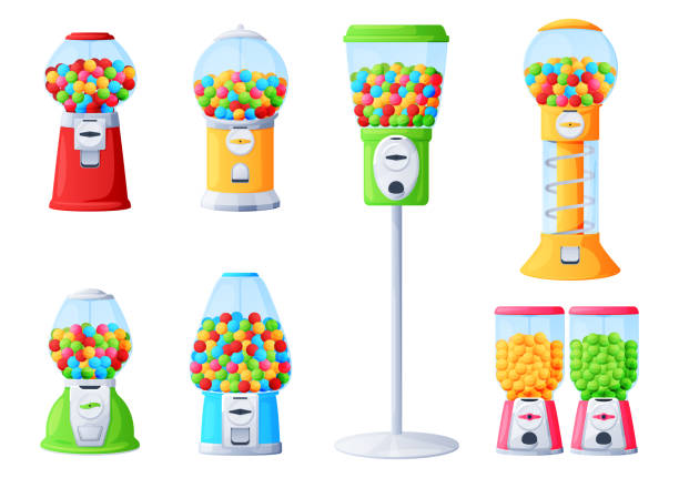 Machines with multicolored chewing gum collection vector illustration. Set retro gumballs container Machines with multicolored chewing gum collection vector illustration. Set retro gumballs container with full of candies dispensers isolated. Vintage vending device with colored bubble gums gumball machine stock illustrations