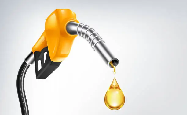 Vector illustration of Gasoline yellow fuel pump nozzle isolated with drop oil on white background, oil industry and refuel service concept, vector illustration