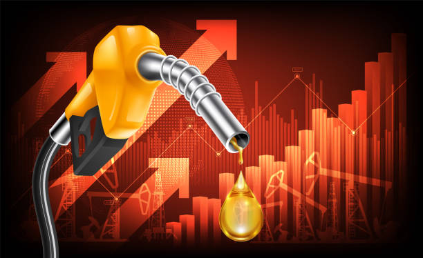 stockillustraties, clipart, cartoons en iconen met oil price rising concept gasoline yellow fuel pump nozzle isolated with drop oil on red growth bar chart background, vector illustration - oil