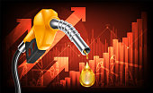 istock Oil price rising concept Gasoline yellow fuel pump nozzle isolated with drop oil on red growth bar chart background, vector illustration 1366437006