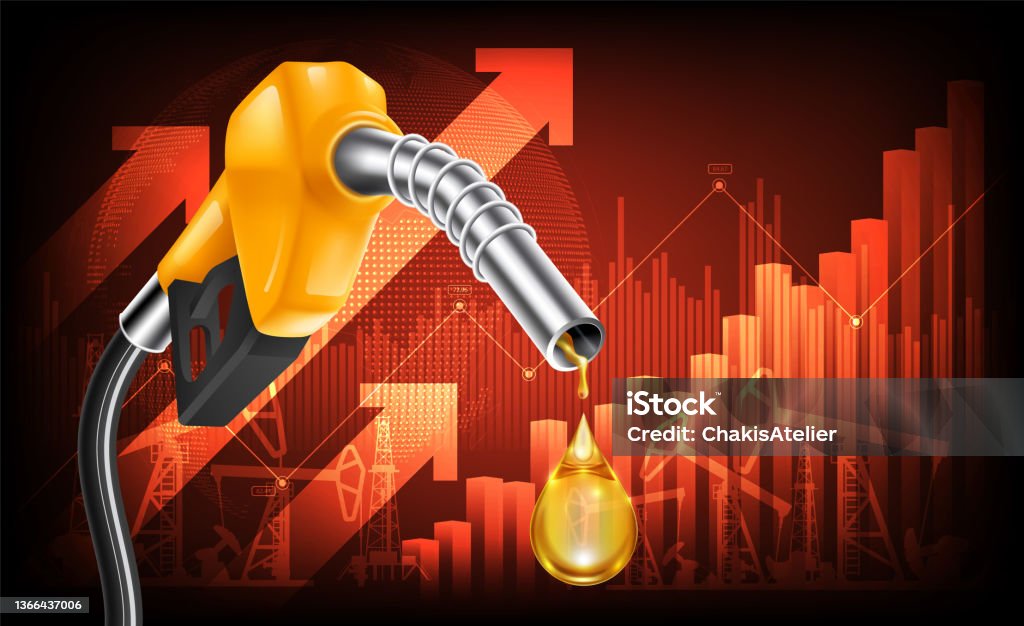 Oil price rising concept Gasoline yellow fuel pump nozzle isolated with drop oil on red growth bar chart background, vector illustration - 免版稅汽油圖庫向量圖形