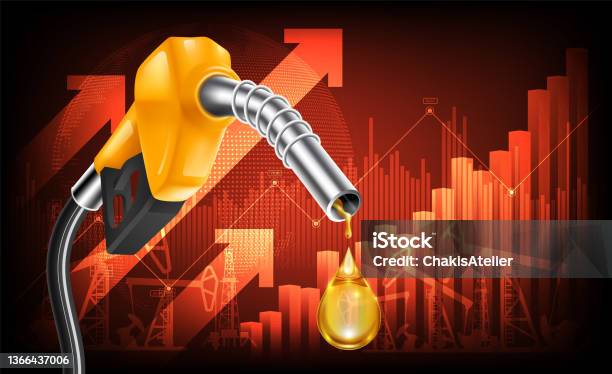 Oil Price Rising Concept Gasoline Yellow Fuel Pump Nozzle Isolated With Drop Oil On Red Growth Bar Chart Background Vector Illustration向量圖形及更多汽油圖片