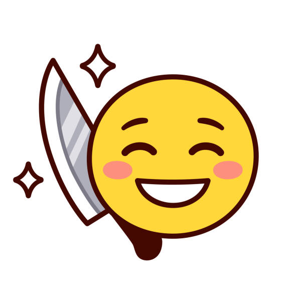 Hiding knife behind a smile 笑里藏刀 Chinese expression: A knife hidden behind a smile. Smiling emoji hiding knife behind back. hypocrisy stock illustrations