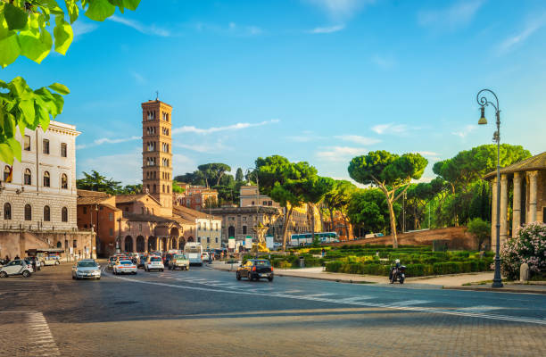 Bell tower of Santa Maria in Cosmedin on the street of Rome