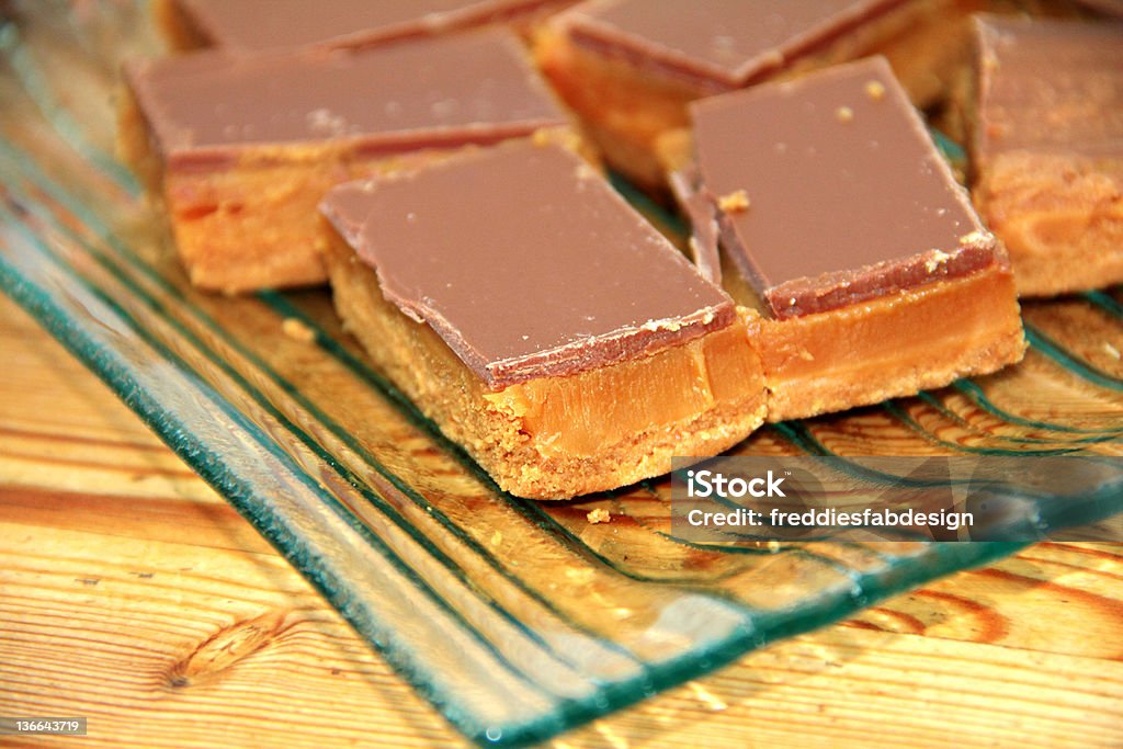 caramel shortbread pieces of caramel shortbread covered with thick chocolate on a glass plate Baking Stock Photo