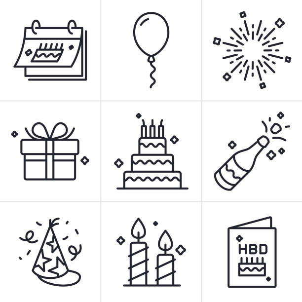 illustrations, cliparts, dessins animés et icônes de icônes et symboles de joyeux anniversaire - party hat party birthday confetti