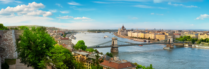 Panoramic view from above on landmarks of Budapest at summer sunset, Hungary