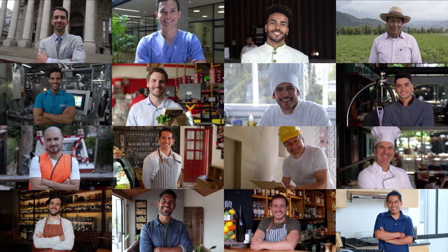 Composite montage of different men in different professions and occupations facing camera smiling cheerfully