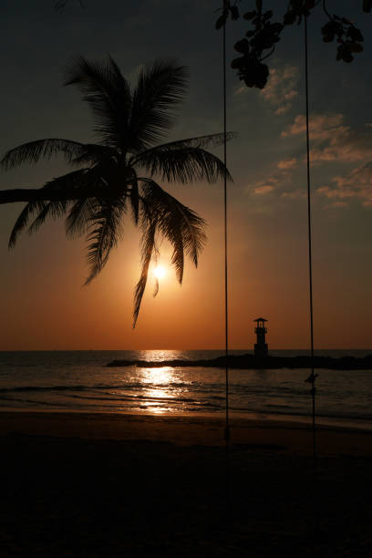 istock Landscape nature sunset and red  twilight sky with Silhouette  lighthouse coconut tree at Nang Thong Beach at Khao Lak Phang Nga Thailand - Seascape chill vibe on the beach - beautiful sky 1366438699