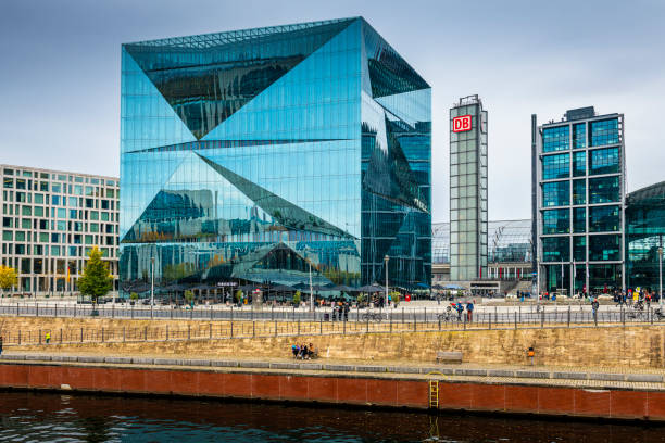 Berlin, Germany - November 01, 2021: View of the Berlin Main Train Station - Hauptbahnhof - and a building called the Cube along Spree River.