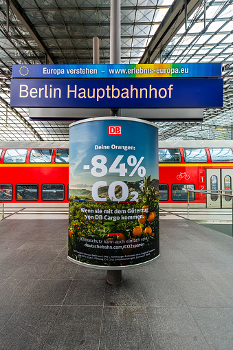 Berlin, Germany - November 01, 2021: Sign Berlin Main Train Station - Hauptbahnhof - and Deutsche Bahn inside the station.