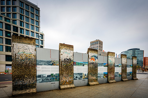 Berlin, Germany - November 01, 2021: Remains of the Berlin Wall with explanations at Potzdamer Platz in Berlin. It is a famous place in Berlin.