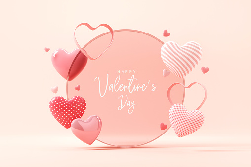 Valentine's day concept background. 3d red and pink hearts symbol with glass circle frame. 3d render.