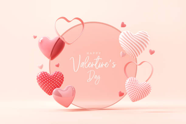 Valentine's day concept background. 3d red and pink hearts symbol with glass circle frame. 3d render. stock photo