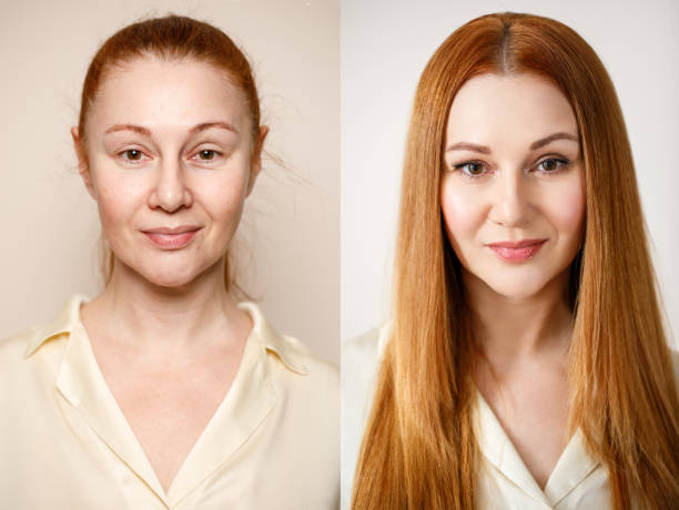 femme avant et après le maquillage. . le concept de transformation, de beauté après l’application du maquillage avec une maquilleuse. résultat sans retouche - make over series photos et images de collection