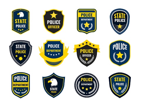 Police shield. Policeman and security department badge, government federal department authority symbol. Vector illustration cop sign logo security on white background