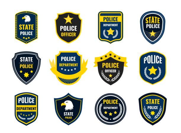 Police shield. Policeman and security department badge, government federal department authority symbol. Vector cop sign Police shield. Policeman and security department badge, government federal department authority symbol. Vector illustration cop sign logo security on white background chiefs stock illustrations