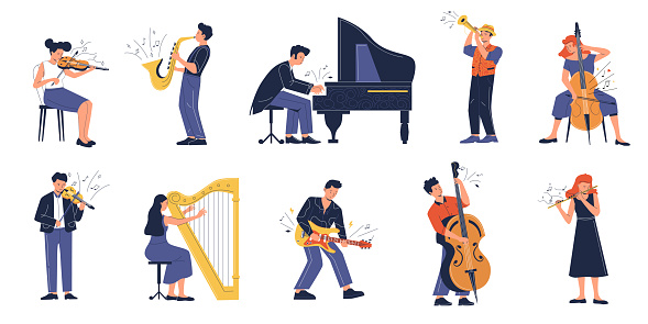 Musician. Cartoon people playing on musical instruments, jazz and symphony orchestral musicians performance. Vector illustrations isolated set woman man with musical instruments