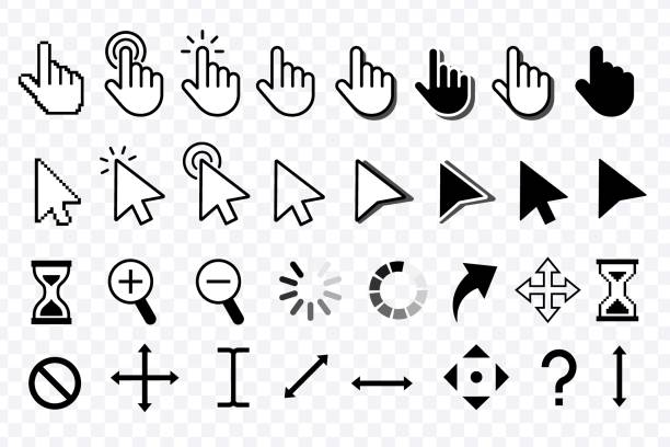 ilustrações de stock, clip art, desenhos animados e ícones de computer mouse click cursor. mouse pointers set. black vector icons of arrows and hands. different smooth and pixel mouse cursors. vector clipart. - optical instrument illustrations