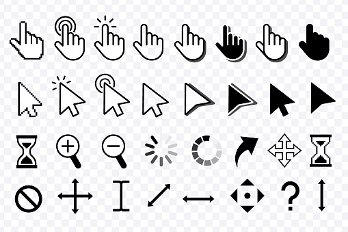 Computer Mouse click cursor. Mouse pointers set. Black vector icons of arrows and hands. Different smooth and pixel mouse cursors. Vector clipart.