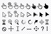 istock Computer Mouse click cursor. Mouse pointers set. Black vector icons of arrows and hands. Different smooth and pixel mouse cursors. Vector clipart. 1366443278