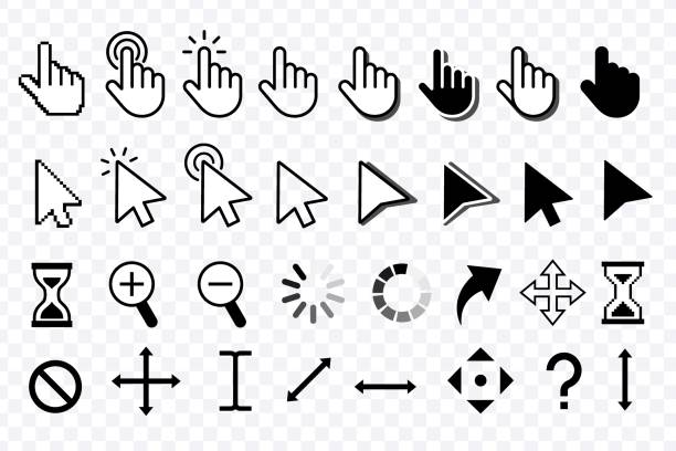 Computer Mouse click cursor. Mouse pointers set. Black vector icons of arrows and hands. Different smooth and pixel mouse cursors. Vector clipart.向量藝術插圖