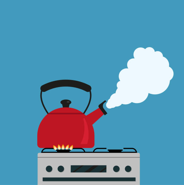 ilustrações de stock, clip art, desenhos animados e ícones de a boiling kettle on a gas stove. vector illustration in flat style - boiling water