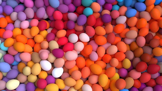 Multicolored festive decorative background for Easter celebration, heap of bright beautiful eggs, high resolution 3D render