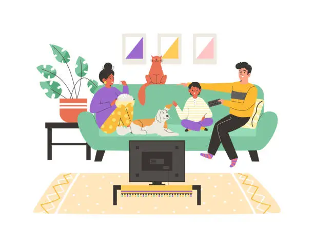 Vector illustration of Family with kids and pets stay at home and watch TV together, flat vector illustration isolated on white background.