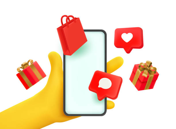Online shopping concept. Man holding smartphone with mobile app. 3d vector illustration Online shopping concept. Man holding smartphone with mobile app. 3d vector illustration"r"n"r"n"r"n heart emoji phone stock illustrations