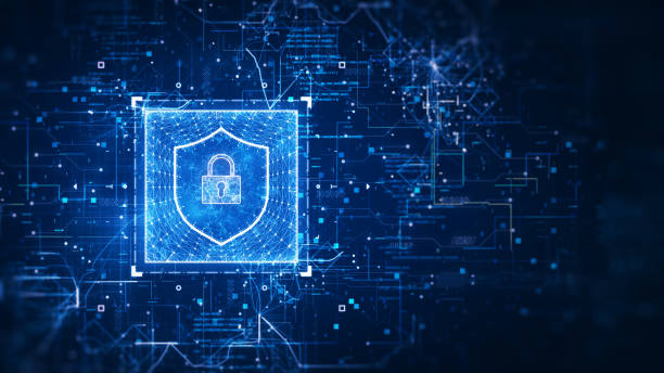 istock Cybersecurity concept of data protection in digital technology. There is a padlock in a prominent shield on the left, an abstract circuit surrounding the binary and fractal code. dark blue background. 1366448444