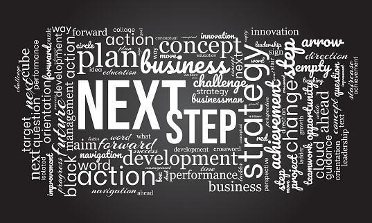 Next step word cloud template. Business concept vector background.