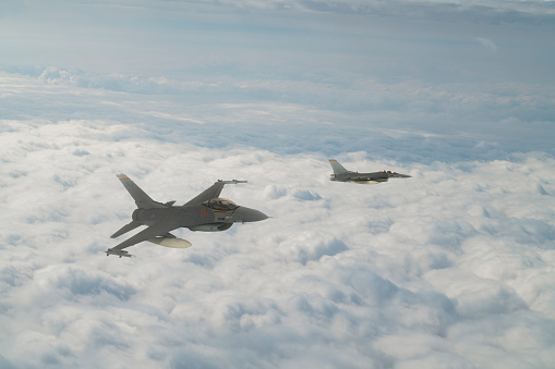 Virginia Beach, Virginia, USA - September 18, 2022: The F35 Lightning just taxiing slowly past with the wings folded. The F35 will taxi out to the runway, then the wings will unfold before take off.