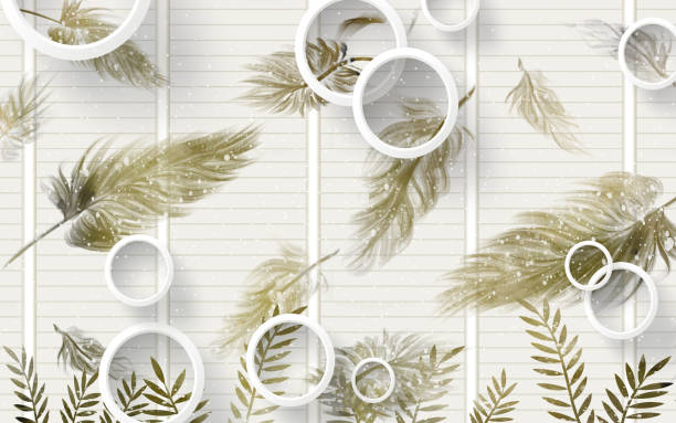 3d illustration wallpaper home decor. light feathers, and white circles and leaves in white background
