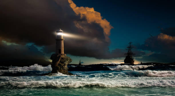 일몰에 등대와 범선이있는 아름다운 풍경. 초라, 안드로스 섬, 키클라데스, 그리스의 등대 투어리티스 - lighthouse 뉴스 사진 이미지